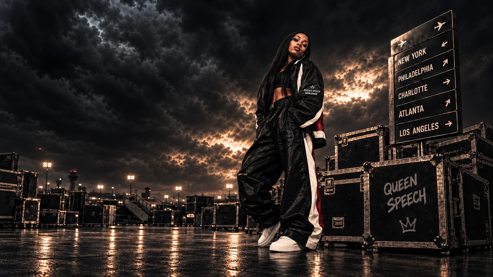 Lady Leshurr standing on a wet airport tarmac beside touring flight cases and destination signs for New York, Philadelphia, Charlotte, Atlanta and Los Angeles